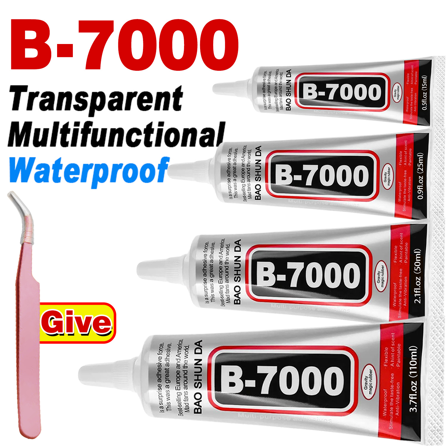 Contact Cement Glue - B7000接着剤（オリジナルB7000）。スマートフォン画面用、高強度・防水性の接着剤。汎用性の高いスマートフォン用ガラス接着剤。15ml/50ml/110mlの3サイズ展開。速乾性のB7000弾性接着剤。精密ピンセット付き。