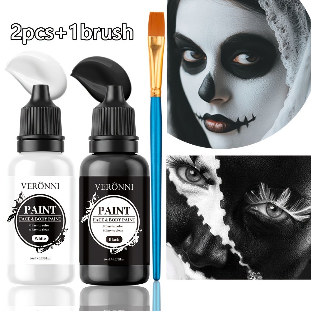 Cosplay Prop Paint - 2本セットの白黒フェイスペイントセット。ペイントブラシ1本付き。ハロウィーンのコスプレ、ボディペイント、パーティーやステージ衣装用のメイクアップキット。